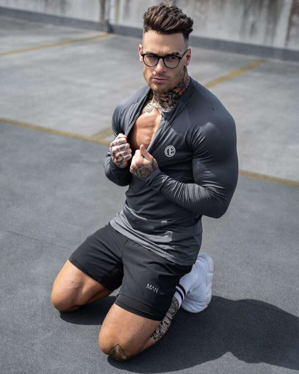 Zipper Neck Fitness Shirts Men Black Long Sleeve GYM Sport Tshirt - Image 5