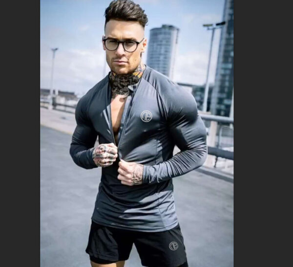 Zipper Neck Fitness Shirts Men Black Long Sleeve GYM Sport Tshirt - Image 4